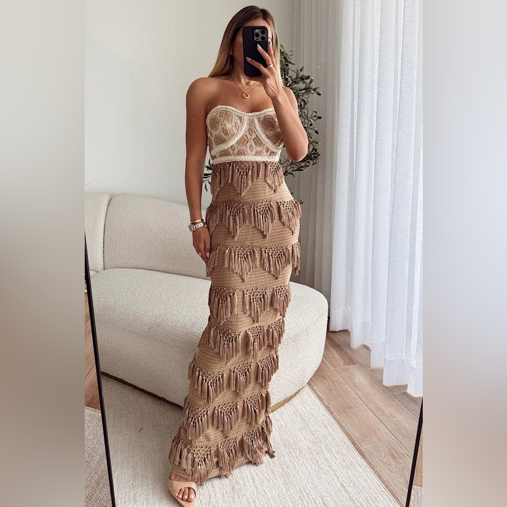 Crochet Two-Piece Strapless Bustier and Fringe Maxi Skirt - Cream & Beige
